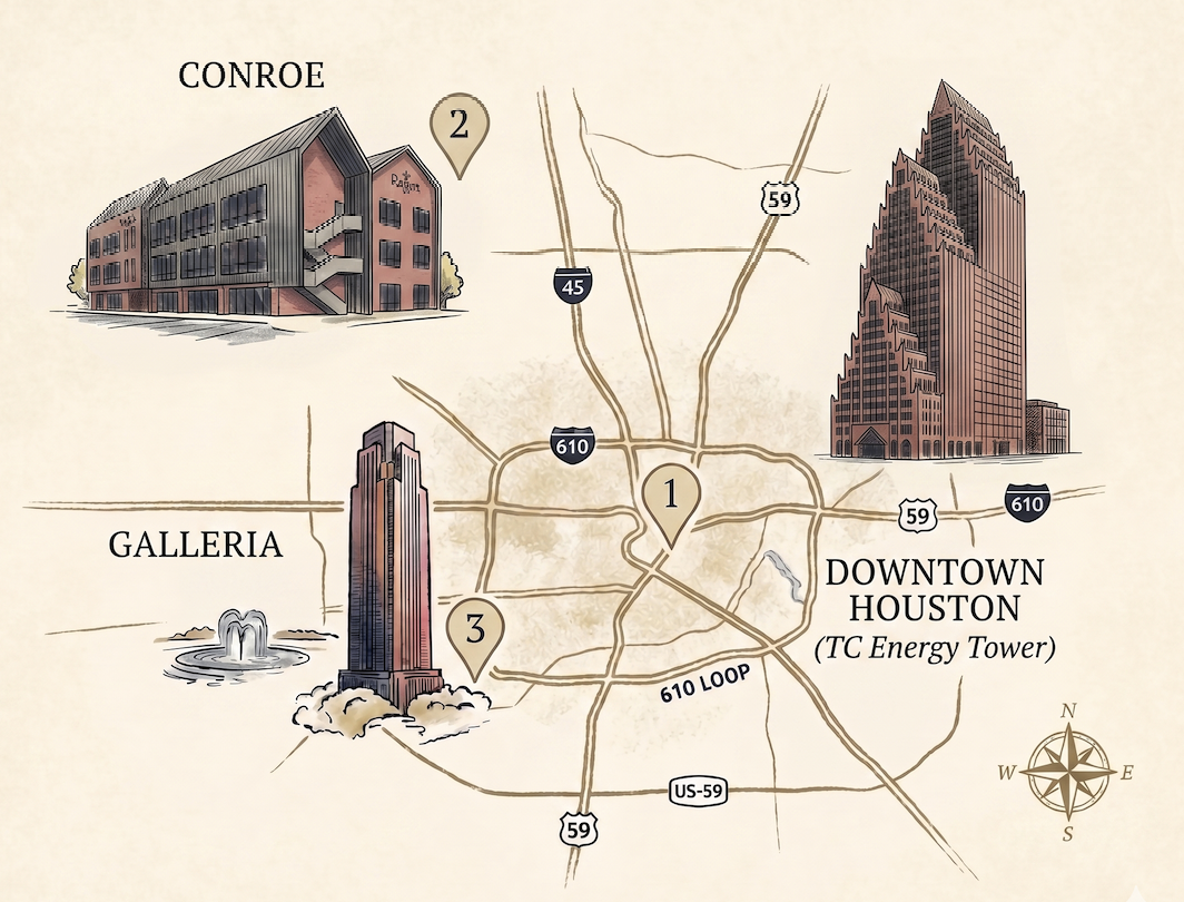 Map of Alfonso Law offices: Conroe, Galleria, and Downtown Houston